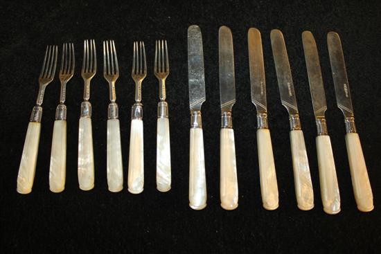 Set six Victorian silver and mother of pearl dessert knives and forks